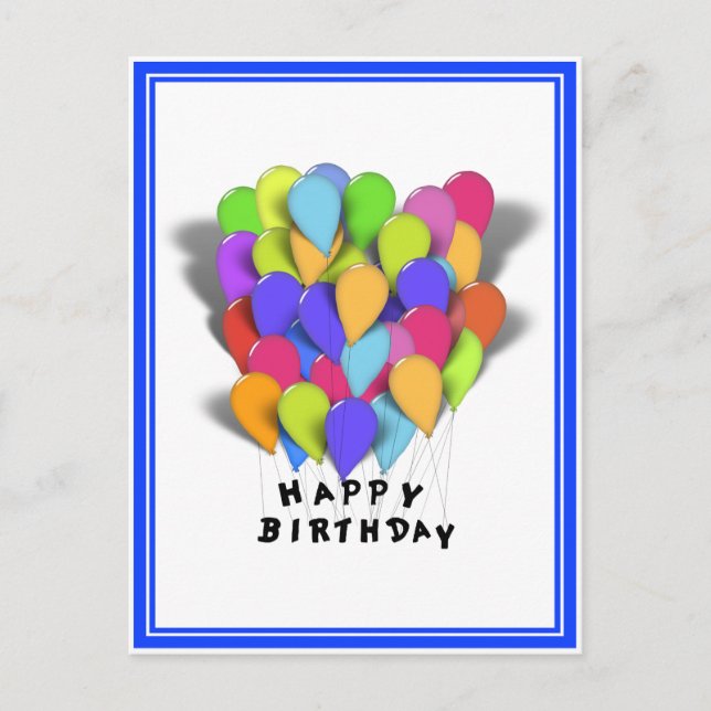 Cartão Postal Feliz Aniversário Balões para Menino (Blue Trim) (Frente)