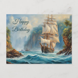 Cartão Postal Feliz Aniversário Barco à Vela Antigo perto da Ilh
