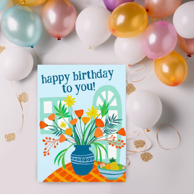 Cartão Postal FELIZ ANIVERSÁRIO Bela Jarra de Flores Colorida Pe (Sweet happy birthday postcard with drawing of a vase full of flowers. Add your own text to customize)