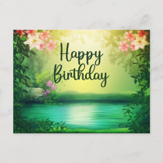 Cartão Postal Feliz Aniversário Bela Natureza Lago & Flores
