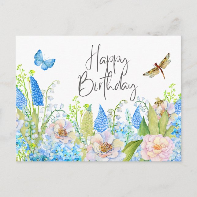 Cartão Postal Feliz Aniversário Belos Desenhos de Flores Silvest (Frente)