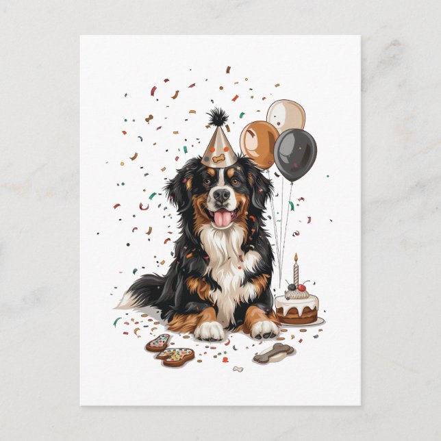 Cartão Postal Feliz Aniversário Bernese Mountain Dog (Frente)