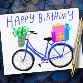 Cartão Postal FELIZ ANIVERSÁRIO Bicicleta Azul Bonito Personaliz