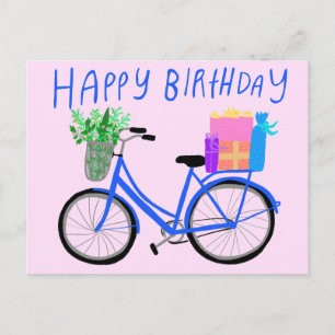 Cartão Postal FELIZ ANIVERSÁRIO Bicicleta Azul Fofa Personalizad