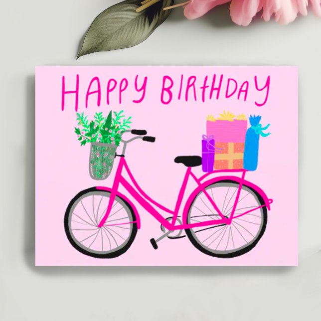 Cartão Postal FELIZ ANIVERSÁRIO Bicicleta Rosa Fofa Personalizad (Happy birthday cheerful pink bicycle with gifts and flowers. Add your own text customize  postcard)