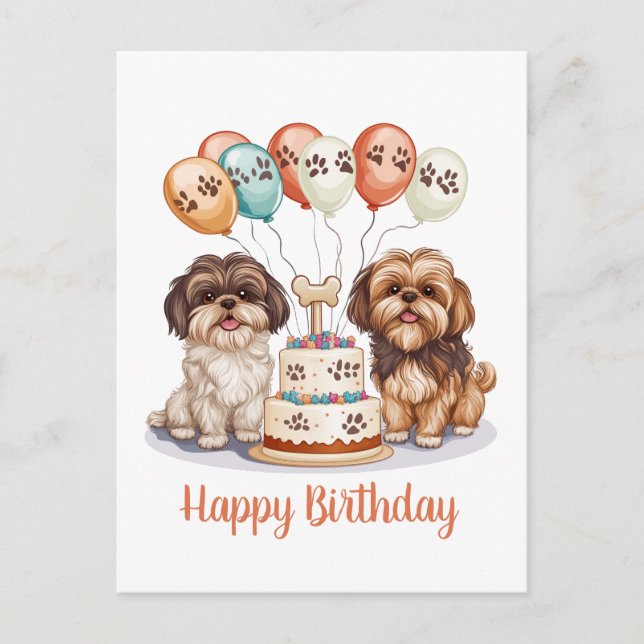 Cartão Postal Feliz Aniversário Bolo de Aniversário de Cães Shih (Frente)