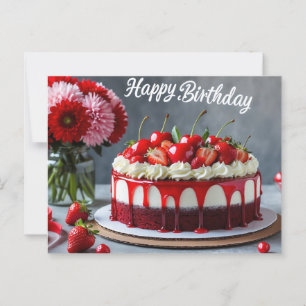 Cartão Postal Feliz Aniversário Bolo de Cereja Morango