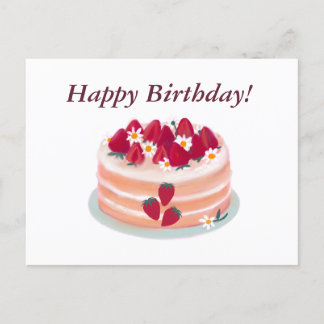 Cartão Postal Feliz Aniversário Bolo de Morango e Flores