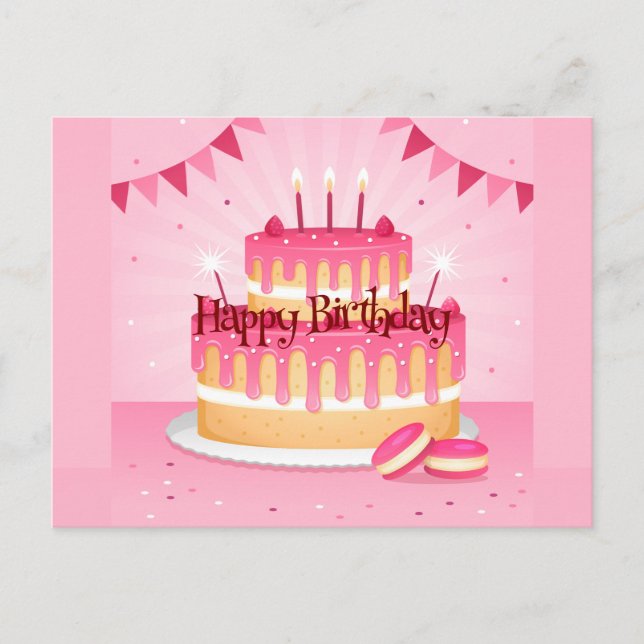 Cartão Postal Feliz Aniversário Bolo Rosa (Frente)