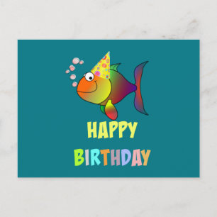 Cartão Postal Feliz aniversário, bonitinho e colorido peixe de d