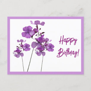 Cartão Postal Feliz Aniversário bonito flores roxas silvestres f