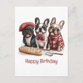 Cartão Postal Feliz Aniversário Bonjour Bulldogues Franceses