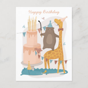 Cartão Postal Feliz aniversário. Bons animais. Girafa de urso en