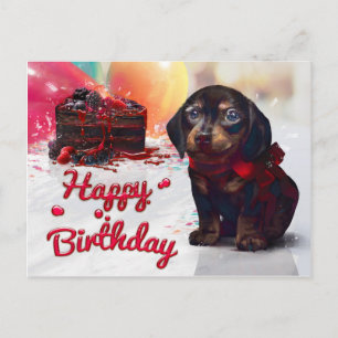 Cartão Postal Feliz Aniversário Cachorro Bonito com Bolo