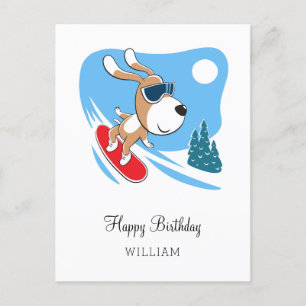 Cartão Postal Feliz Aniversário Cachorro Fofo Snowboard Inverno