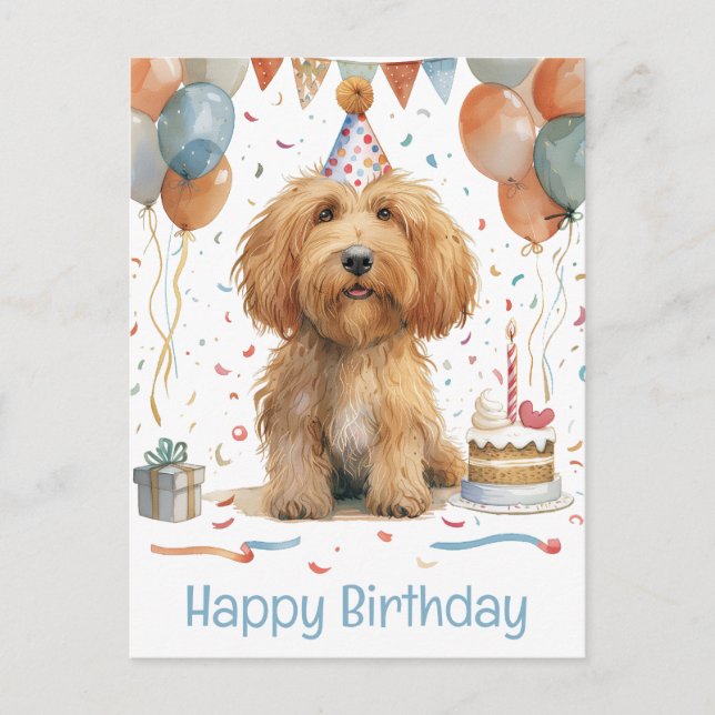 Cartão Postal Feliz Aniversário Cachorro Goldendoodle (Frente)