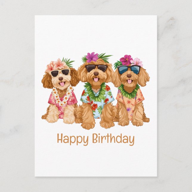 Cartão Postal Feliz Aniversário Cachorros Goldendoodle Havaianos (Frente)