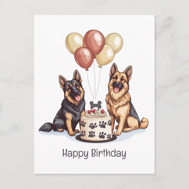 Cartão Postal Feliz Aniversário Cachorros Pastor Alemão Bolo de  (Frente)