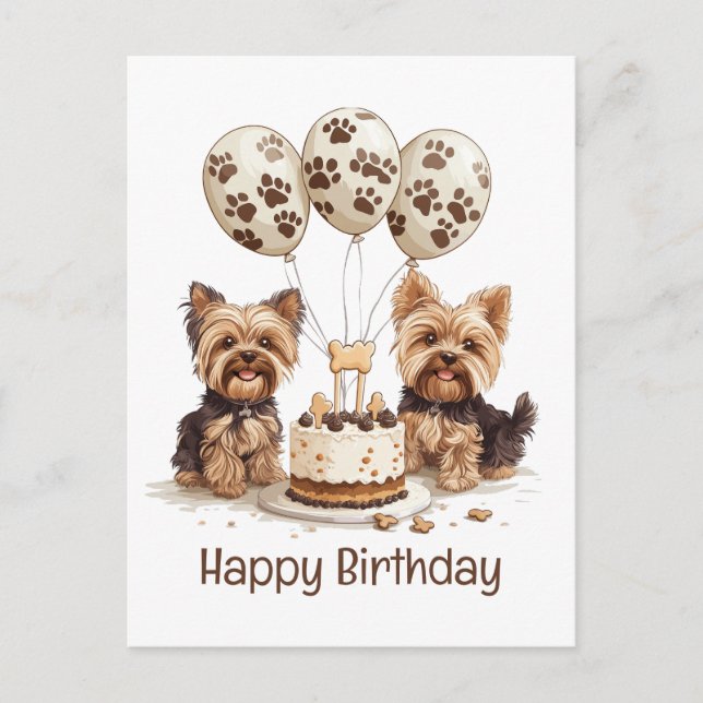 Cartão Postal Feliz Aniversário Cães Yorkie (Frente)