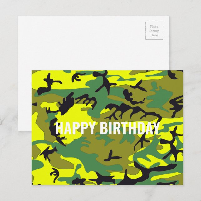 Cartão Postal Feliz Aniversário Camuflagem Amarelo Verde Abstrat (Frente/Verso)