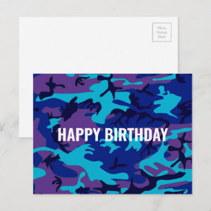 Cartão Postal Feliz Aniversário Camuflagem Azul Escuro e Roxo