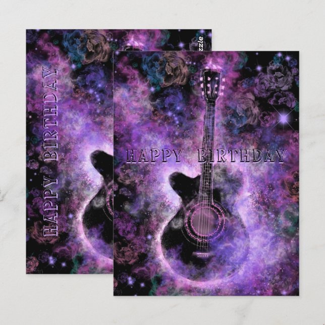 Cartão Postal Feliz Aniversário Card Rock and Roll Guitar Music (Frente/Verso)