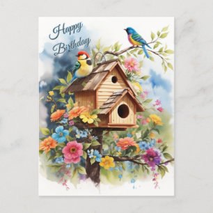 Cartão Postal Feliz Aniversário Casa de Pássaros Floral e Pássar