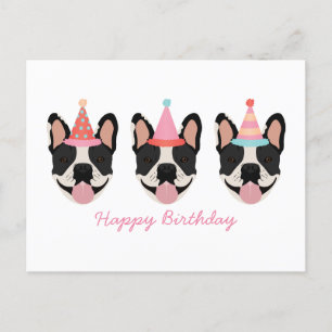 Cartão Postal Feliz Aniversário Chapéus de Festa de Bulldog Fran