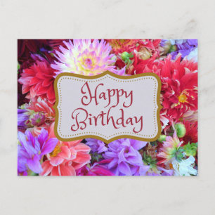 Cartão Postal Feliz Aniversário Colorido Vibrante Flores de Dahl