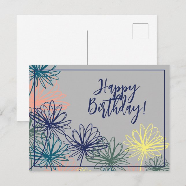 Cartão Postal Feliz Aniversário com Flores (Frente/Verso)