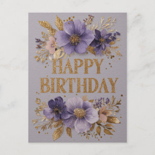 Cartão Postal Feliz Aniversário com flores roxas e brilho