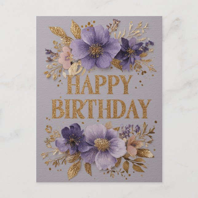 Cartão Postal Feliz Aniversário com flores roxas e brilho (Frente)