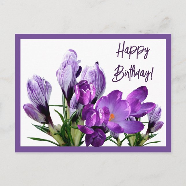 Cartão Postal Feliz Aniversário, crocodilo roxo, flores boho fof (Frente)