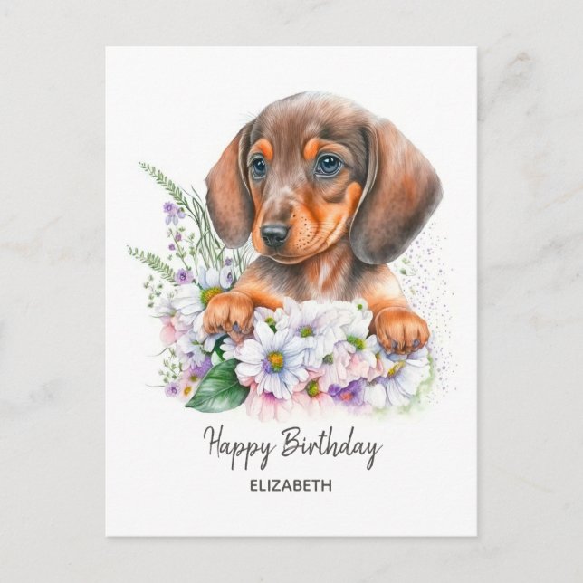 Cartão Postal Feliz Aniversário | Dachshund e Flores à Aguarela (Frente)