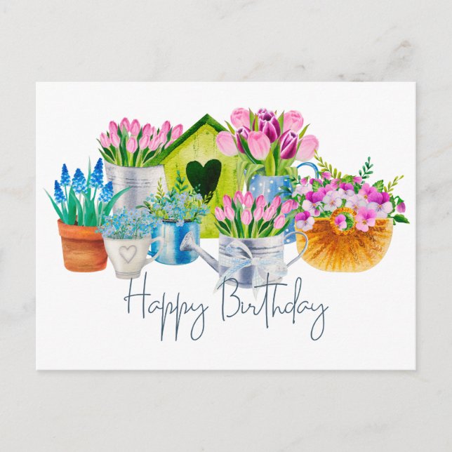 Cartão Postal Feliz Aniversário das Flores de Jardins Aquáticos  (Frente)