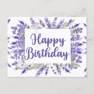 Cartão Postal Feliz Aniversário das Flores de Lavanda de Aquarel