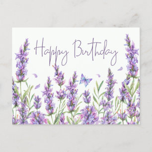 Cartão Postal Feliz Aniversário das Flores de Lavanda de Aquarel