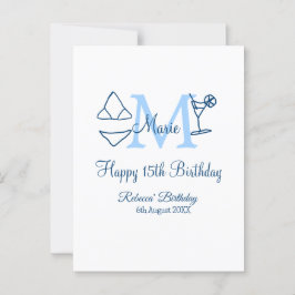 Cartão Postal Feliz aniversário de 15 anos biquíni monograma azu