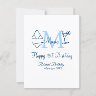 Cartão Postal Feliz aniversário de 15 anos biquíni monograma azu