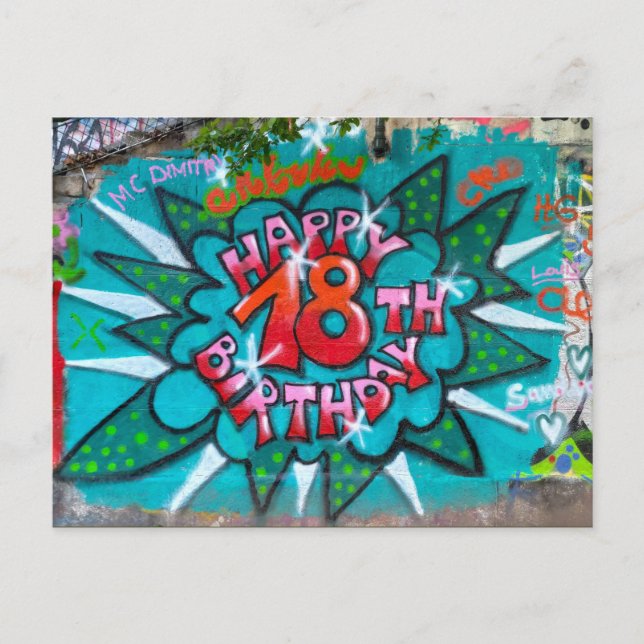 Cartão Postal Feliz Aniversário de 18 Graffiti (Frente)