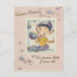 Cartão Postal Feliz Aniversário de "1 Ano" Elfo Vintage