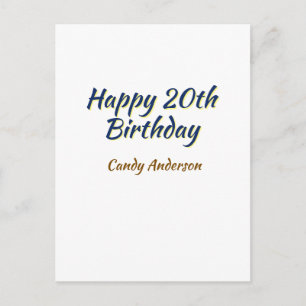 Cartão Postal feliz aniversário de 20 anos azul amarelo simples