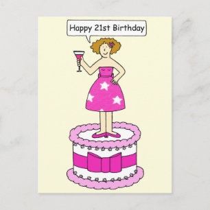 Cartão Postal Feliz aniversário de 21 anos de Cartoon Lady em u