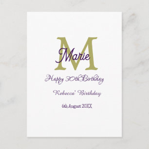 Cartão Postal Feliz Aniversário de 30 anos dourado nome monogram