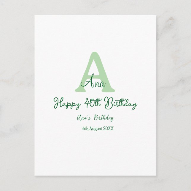 Cartão Postal Feliz aniversário de 40 anos verde adicionar nome  (Frente)