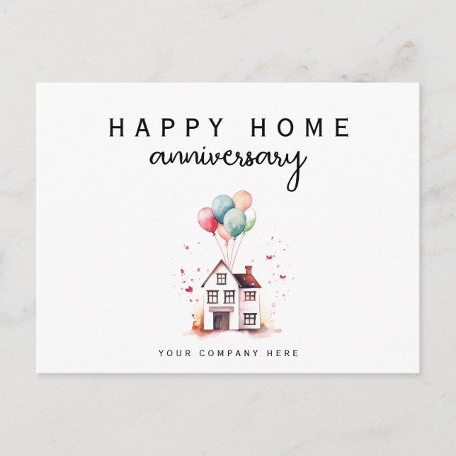 Cartão Postal Feliz Aniversário de Casa Lar Aquarela de Imóveis (Frente)