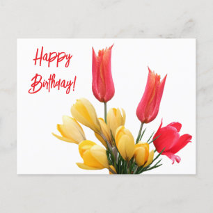 Cartão Postal Feliz aniversário de tulipa amarela-amarela-crocus