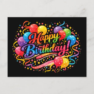 Cartão Postal Feliz Aniversário Diversão Balões de Arco-Íris Con