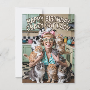 Cartão Postal Feliz Aniversário divertido retrô Gata Louca