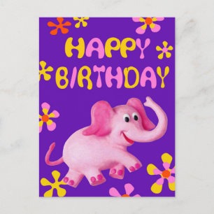 Cartão Postal Feliz Aniversário do Elefante Rosa